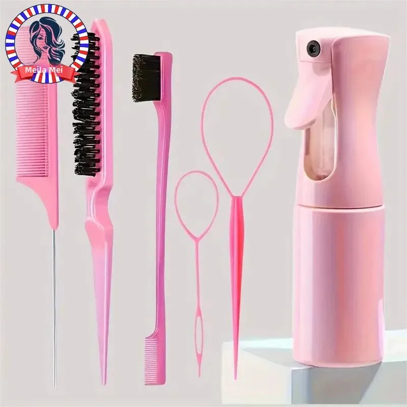 6pcs/Set Hair Brush Set Hairdressing Spray Bottle Hair Braiding Loop Rat Tail Comb Teasing Hair Brsuh Edge Control Hair Brush